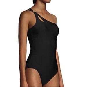 NWT LANDS’ END Medium 10 12 One Piece Black Asymmetrical One Shoulder Swimsuit